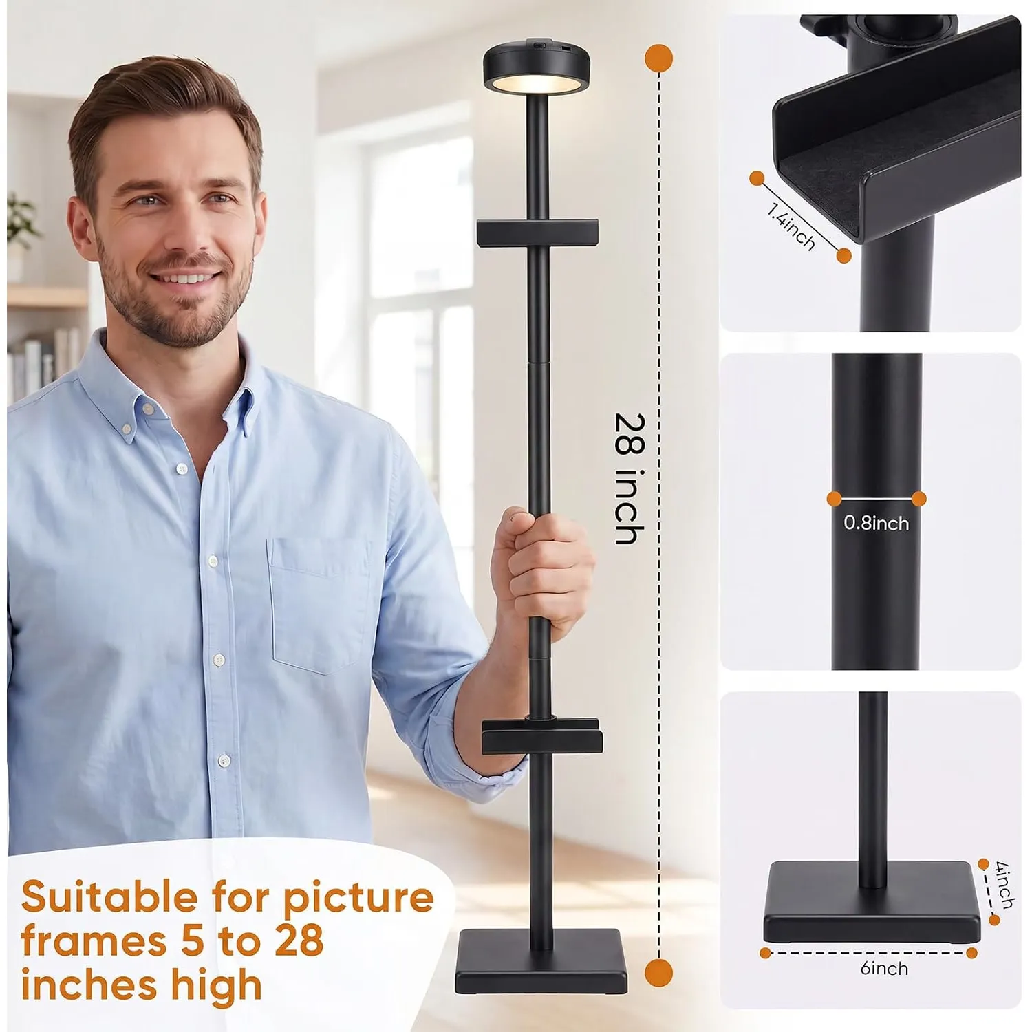 Picture frame display stand dimensions and support details