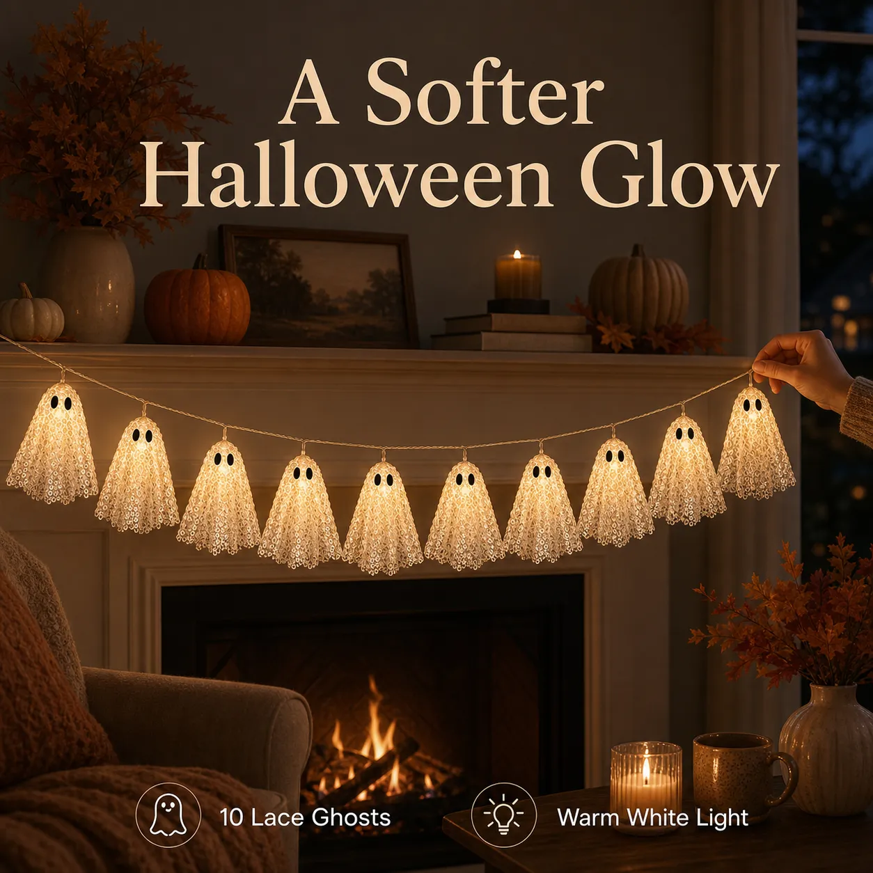 Ten warm white lace ghost lights arranged across a cozy fireplace