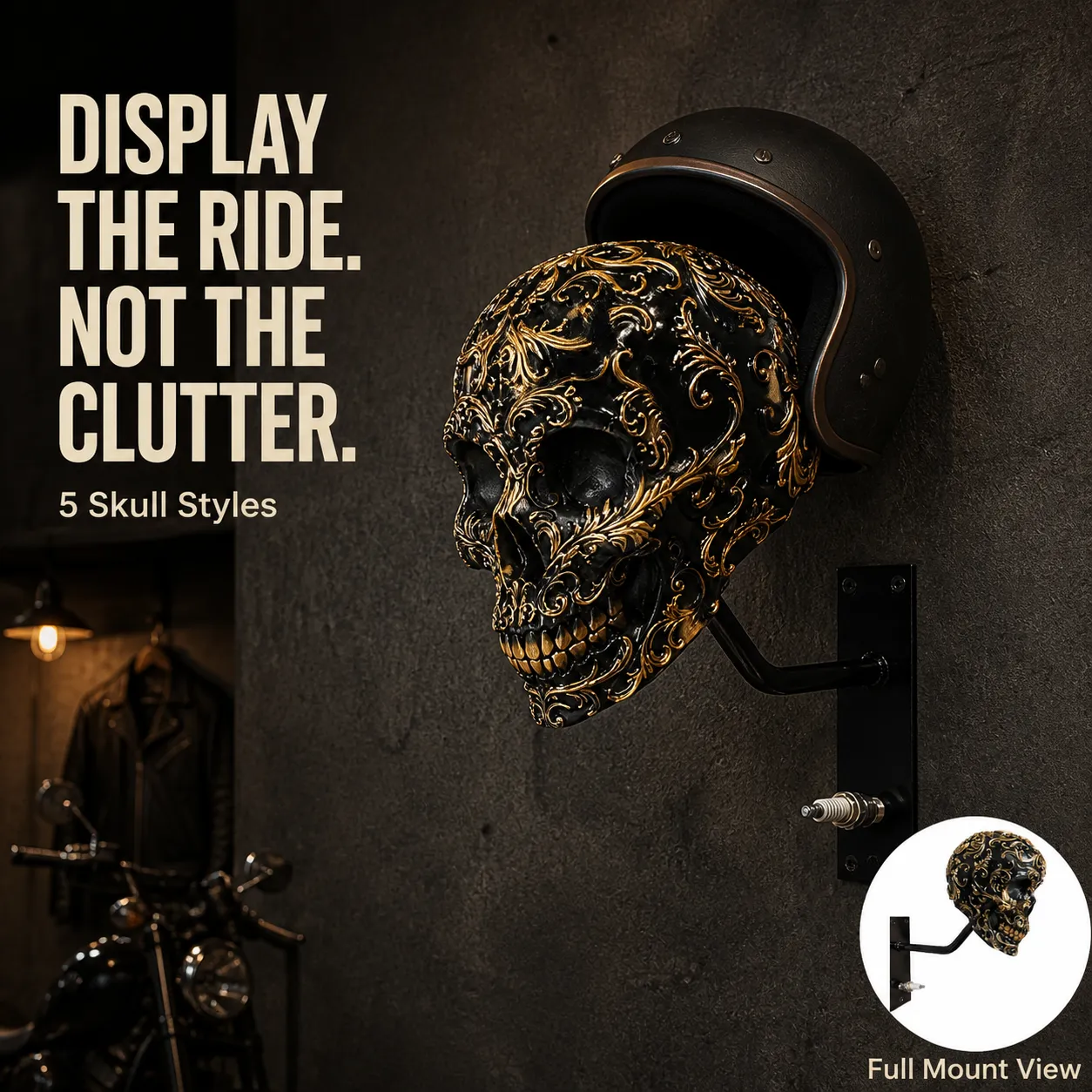 Black and gold skull helmet wall mount with full product inset