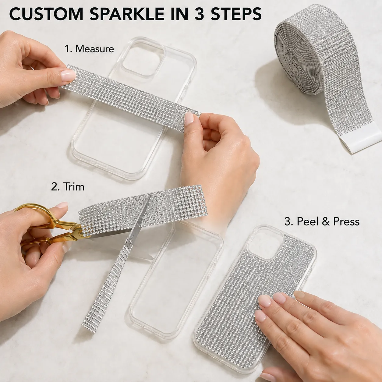 Three steps to apply rhinestone tape