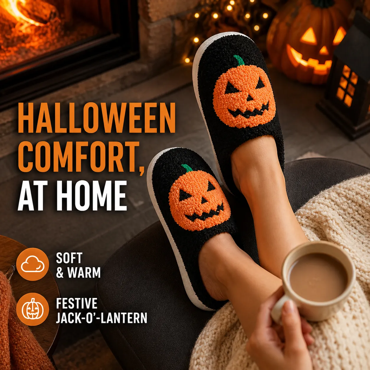 Black jack-o'-lantern slippers in a cozy Halloween living room