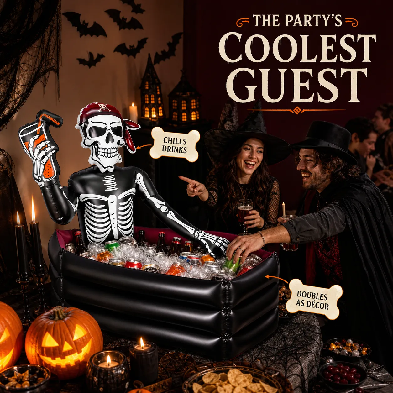 Pirate skeleton cooler used as a Halloween party centerpiece