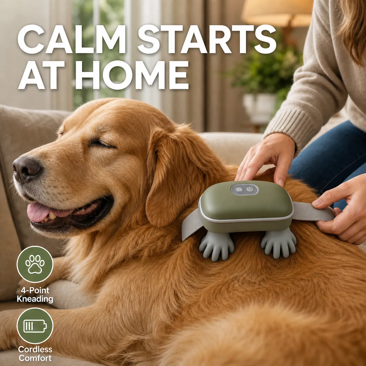 Olive green pet massager in a calm home routine
