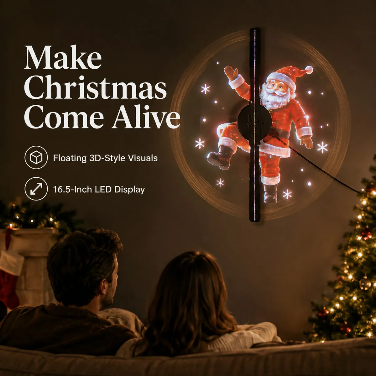 Festive living room with a wall-mounted hologram fan