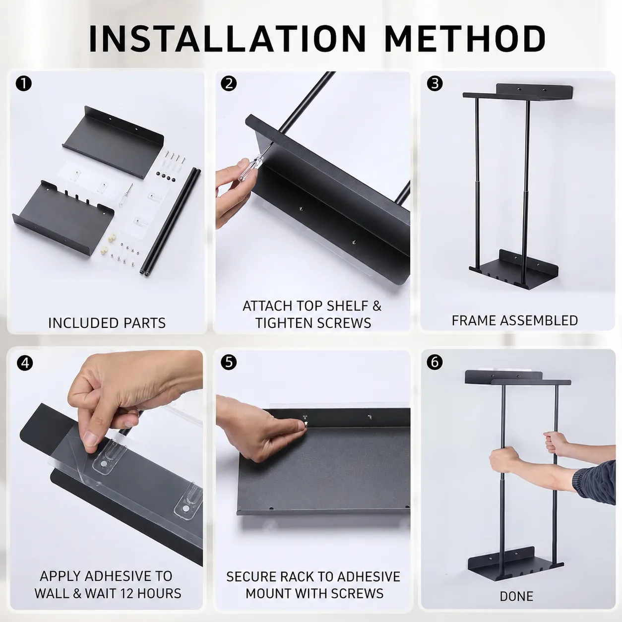Six-step adhesive wall installation guide