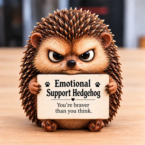 Hedgehog style with textured spines and an encouraging sign