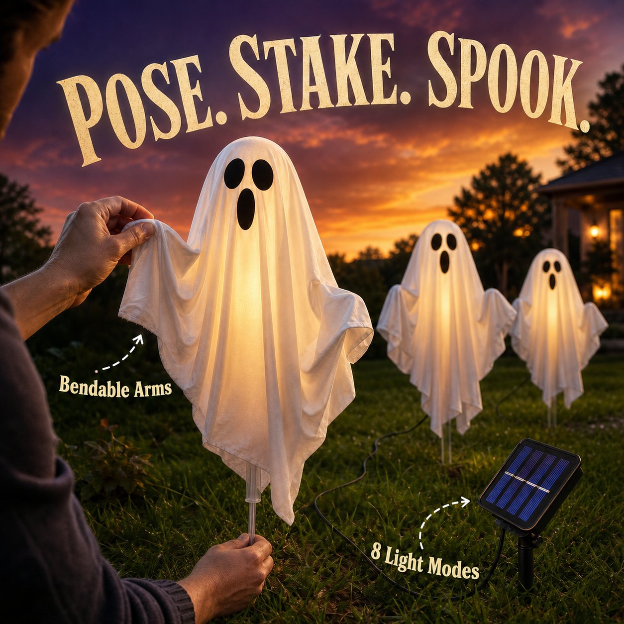 A homeowner posing the bendable arm of a solar ghost light
