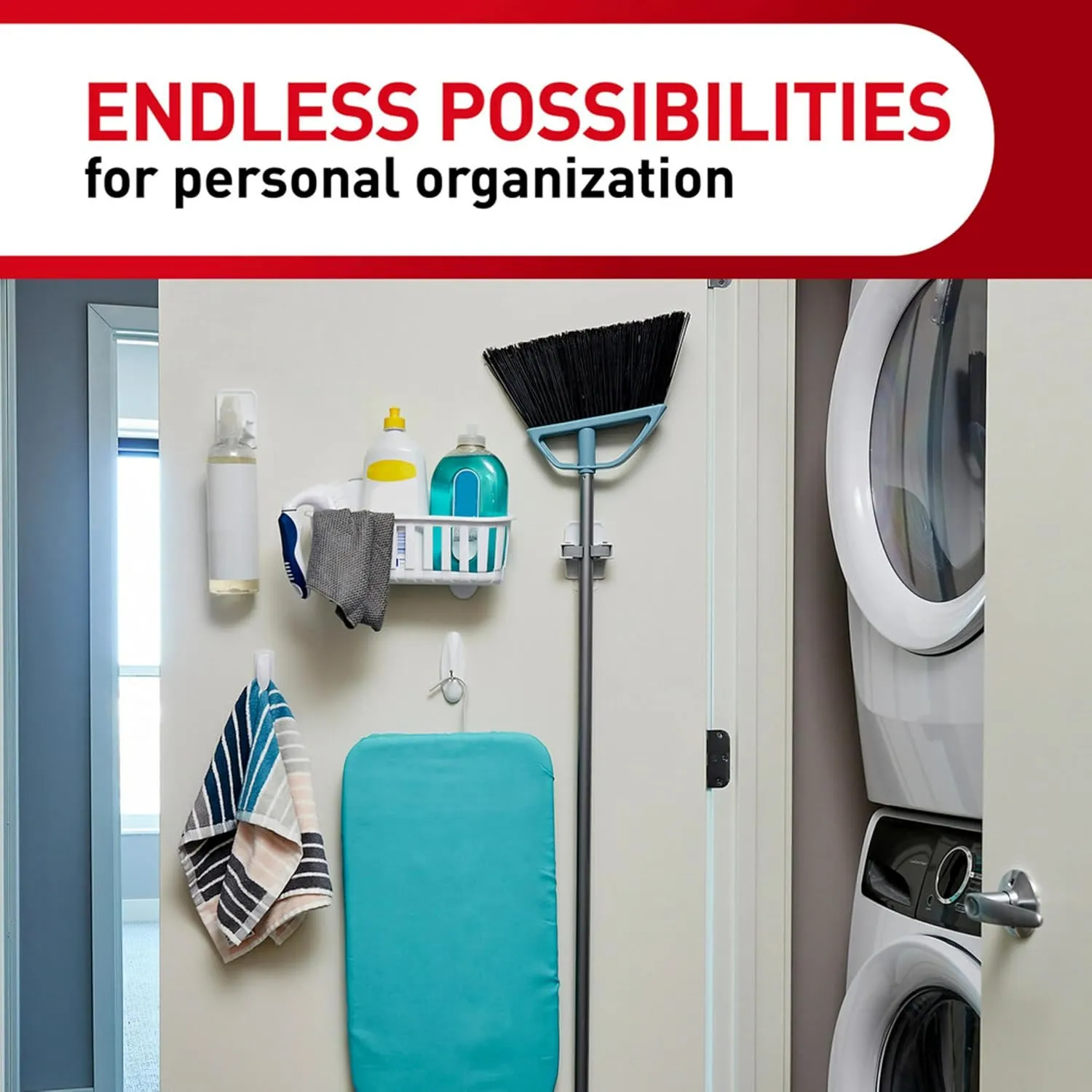 Organized utility room with broom and mop handles stored on the wall