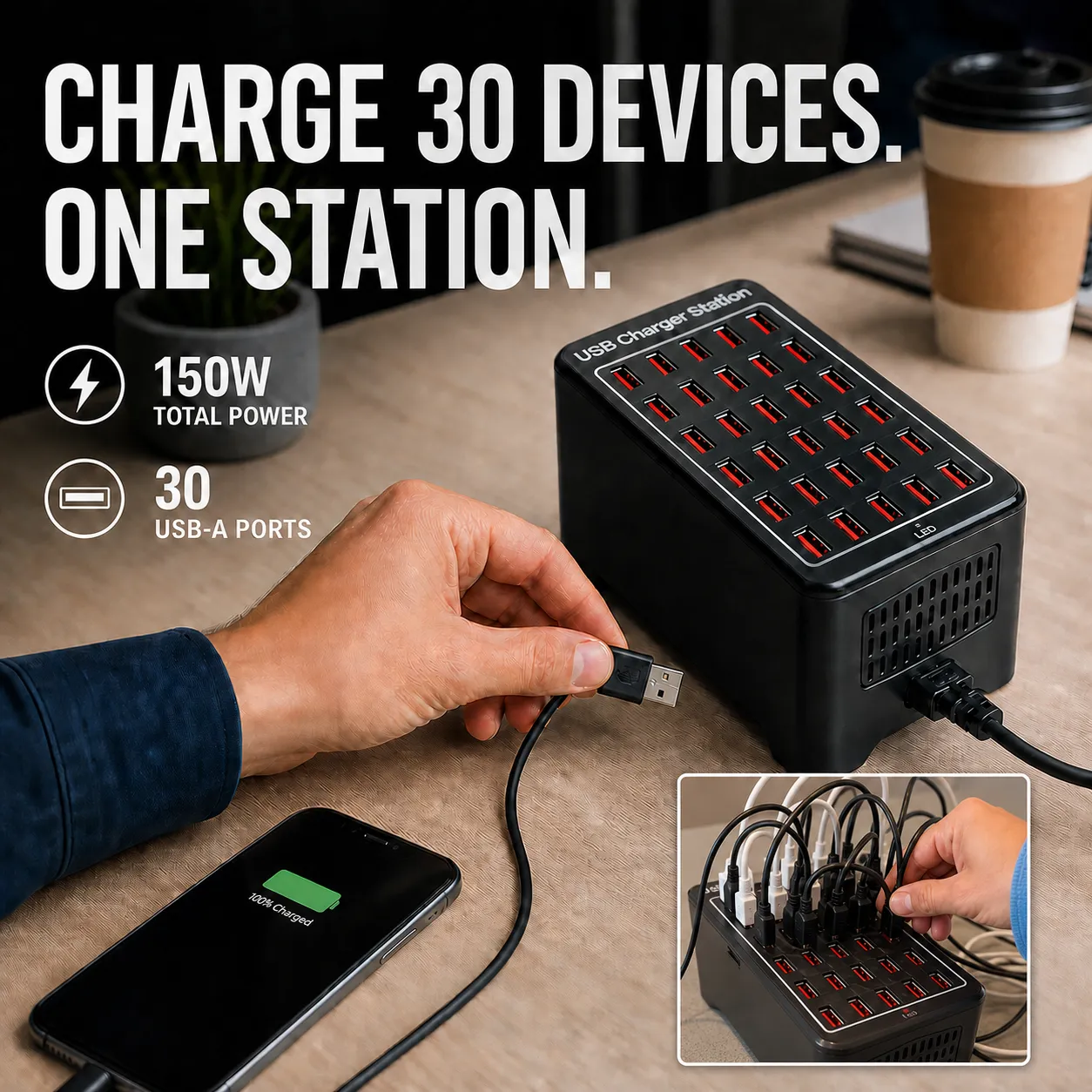 30-port charging station powering a busy office setup