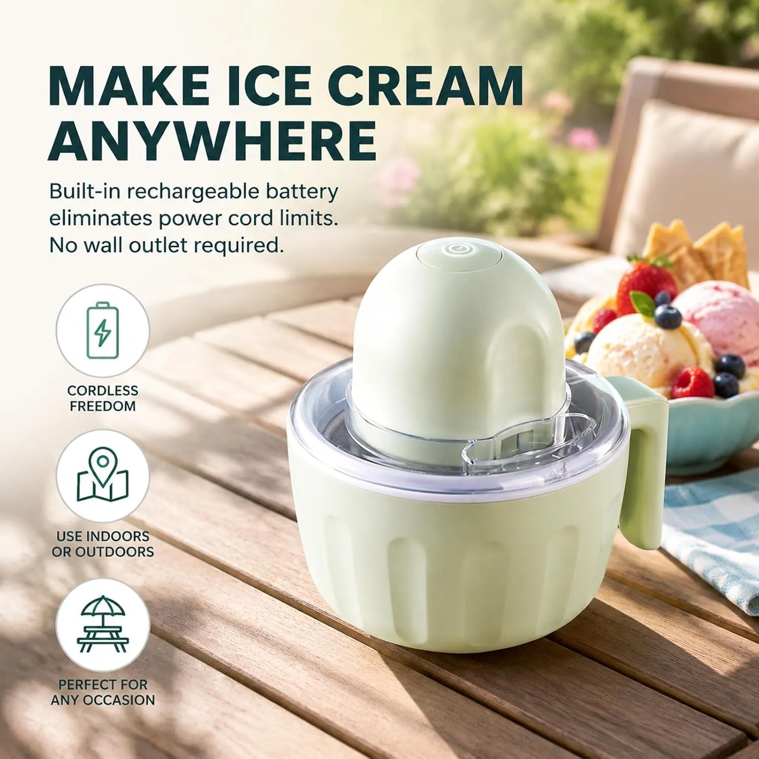 Rechargeable ice cream maker ready for indoor or outdoor dessert making