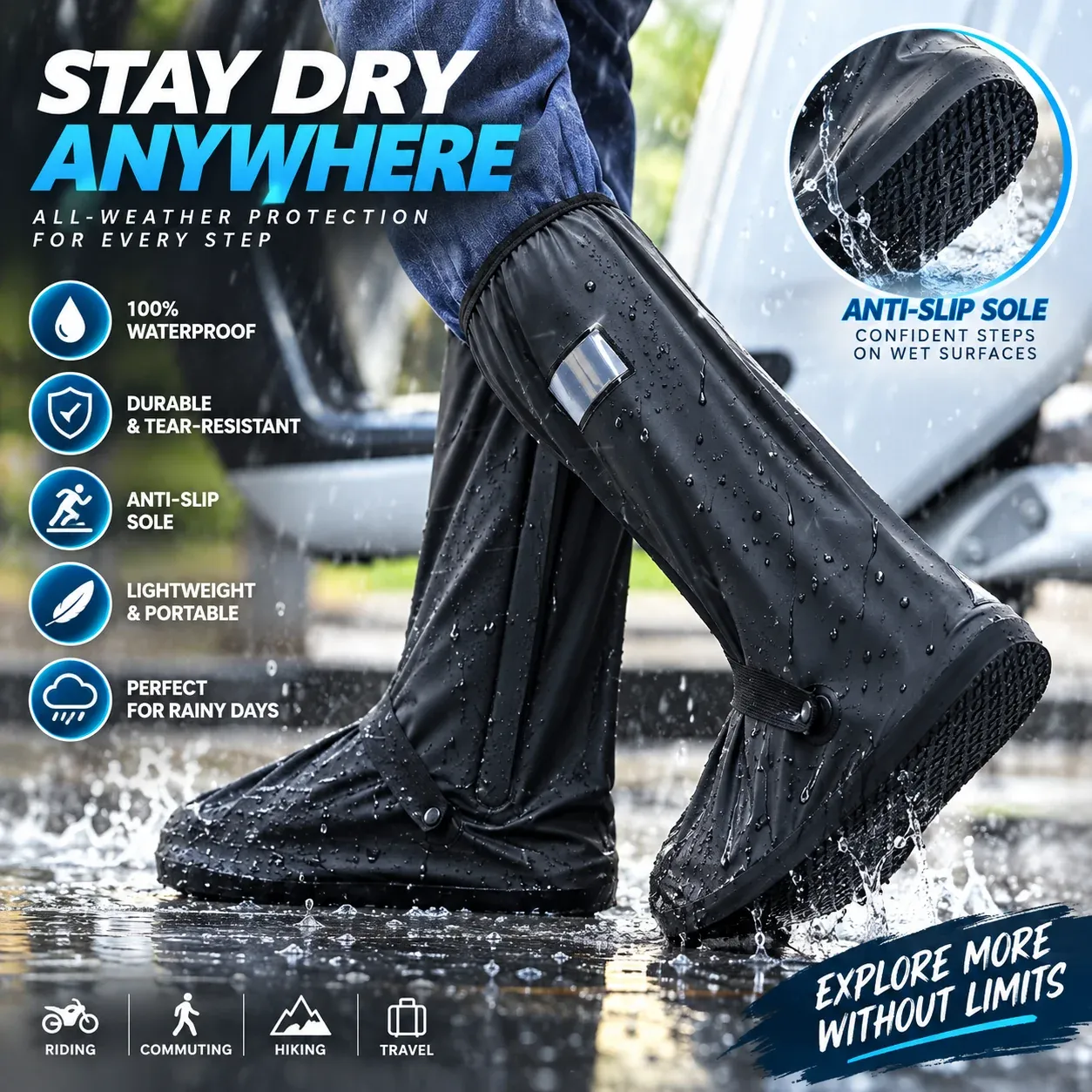 Reusable waterproof rain boot covers worn in wet weather