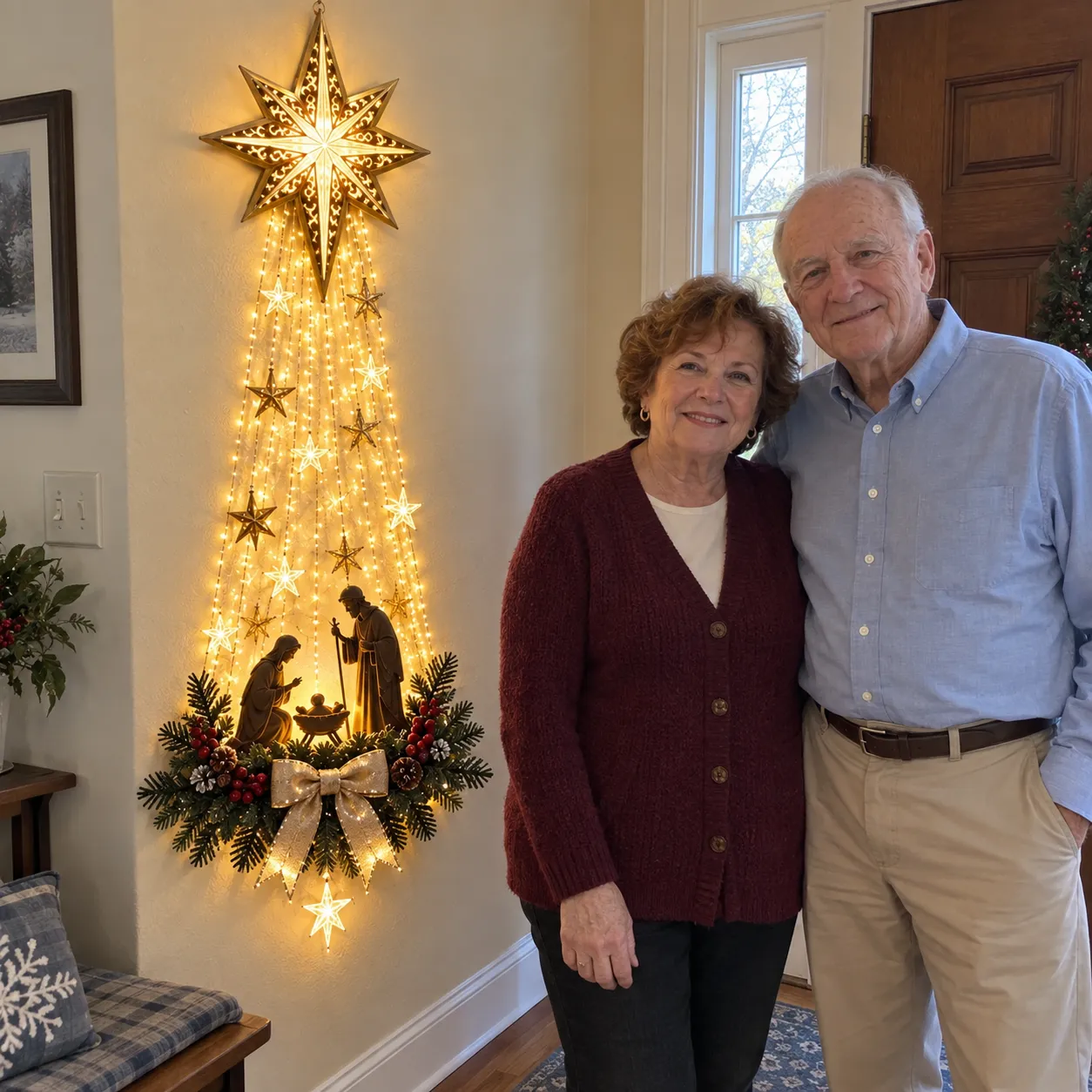 Illustrative scene of an older couple beside Bethlehem Star Nativity wall decor in their entryway