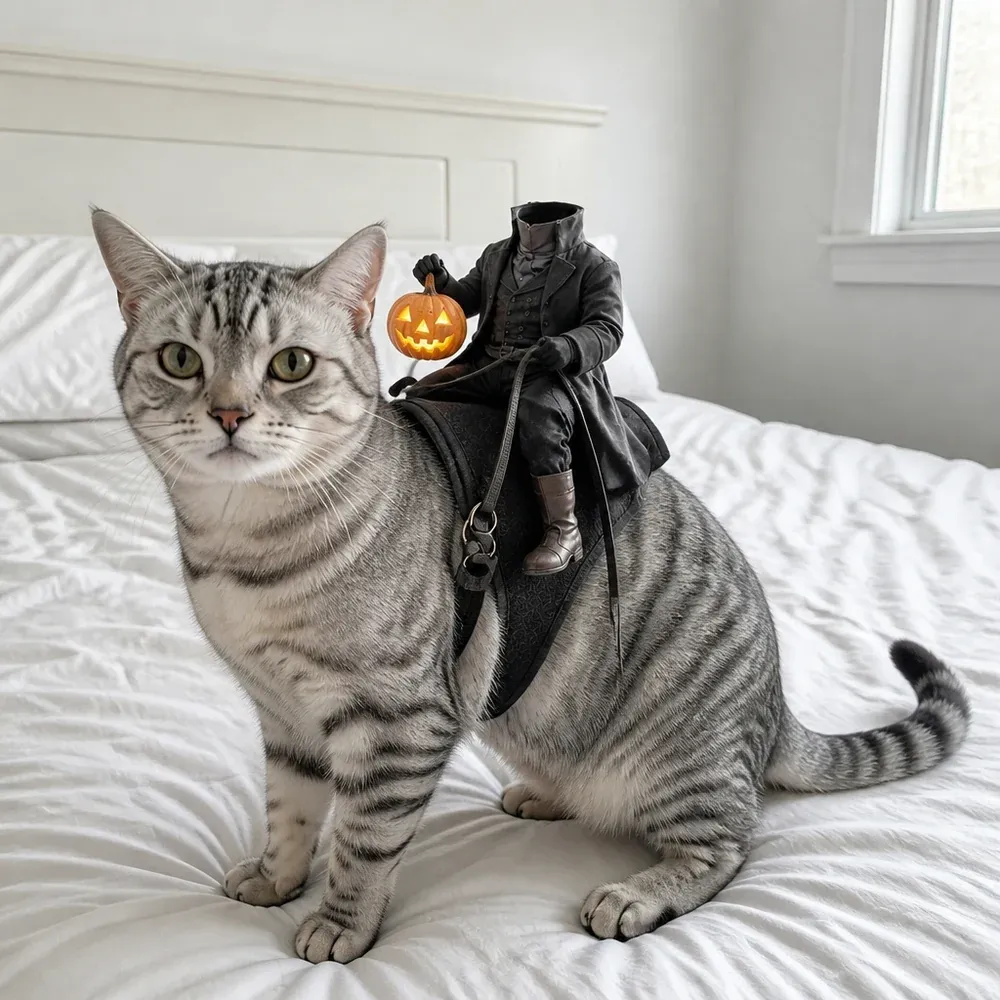Silver tabby cat wearing open body Headless Horseman costume