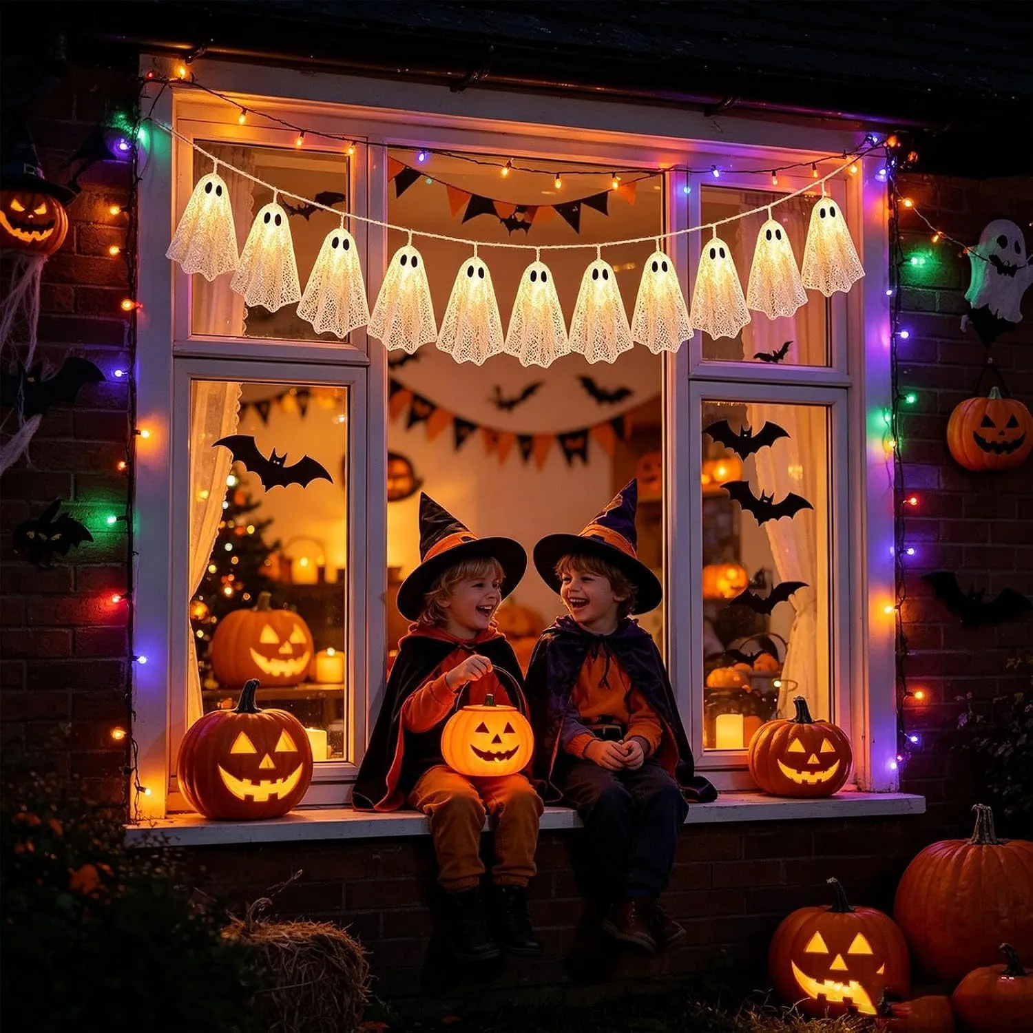 Lace ghost lights glowing in a window for trick or treat night