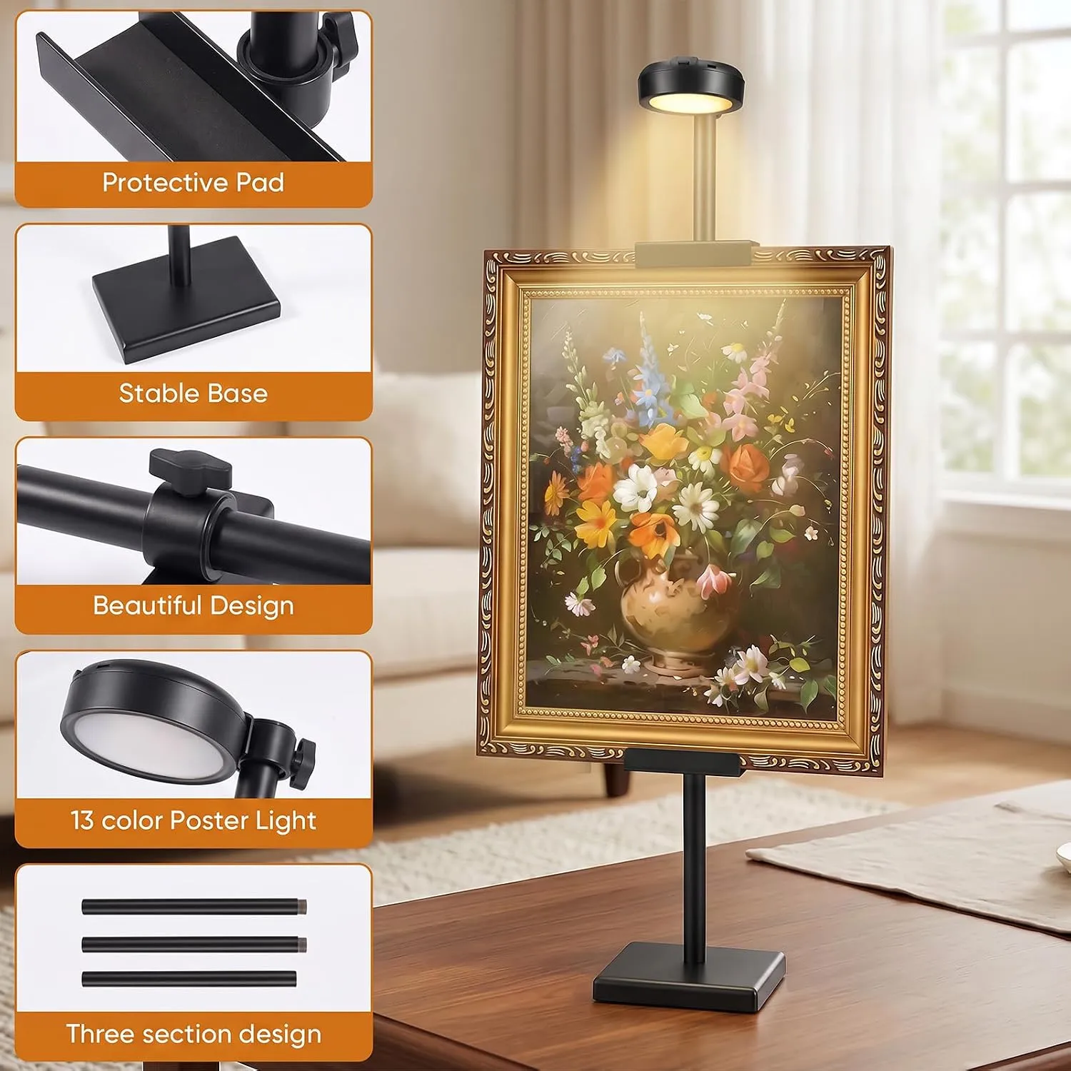 Black lighted picture frame stand with stable base and protective supports