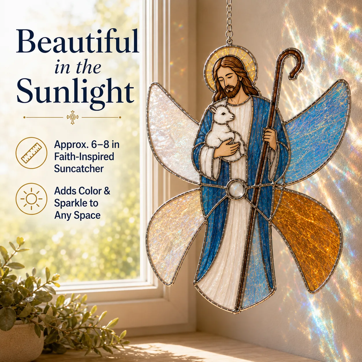 Good Shepherd Christian iridescent suncatcher displayed in sunlight