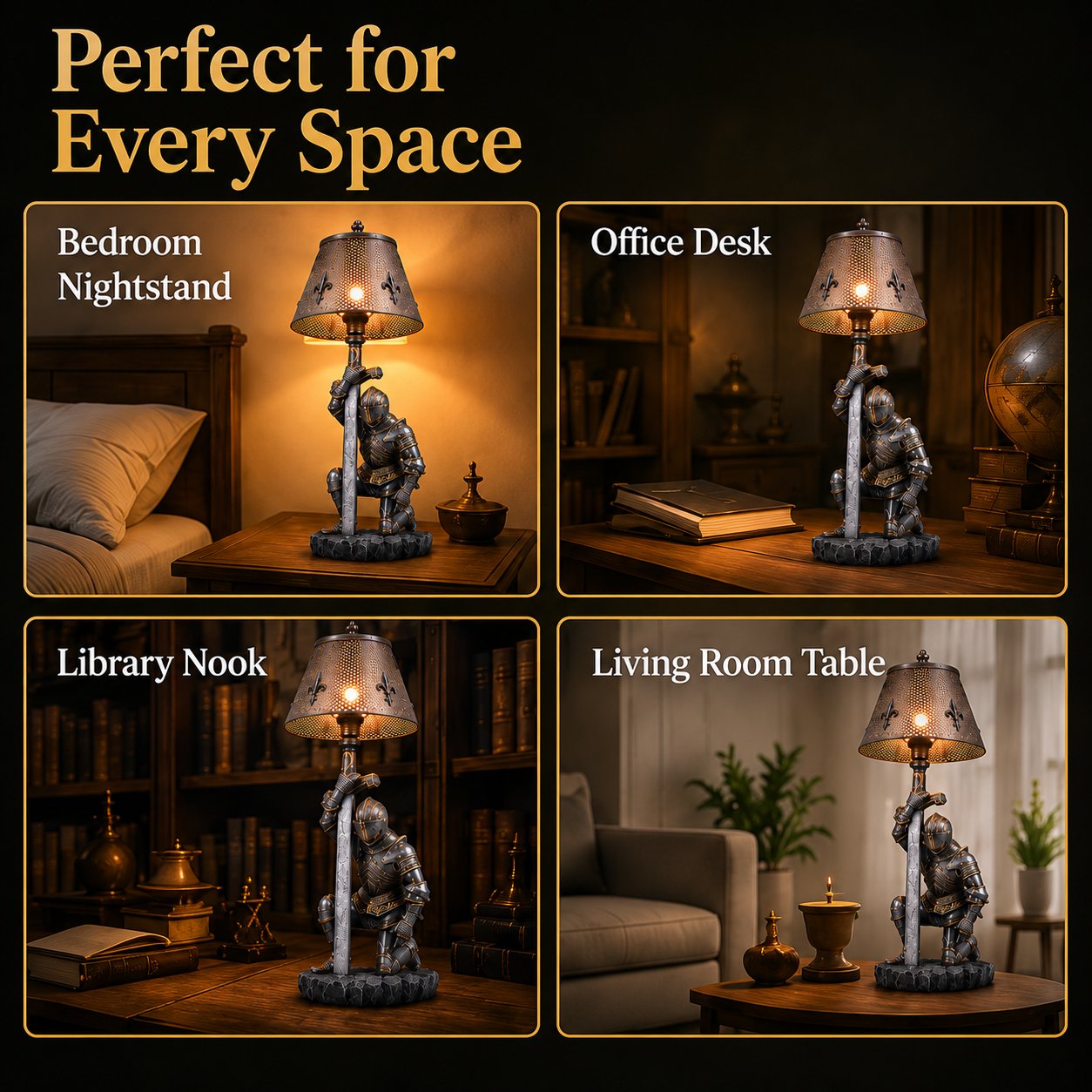 Medieval knight lamp for bedroom office library and reading nook decor