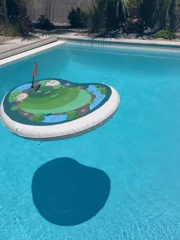 Inflatable golf target floating in a pool during play
