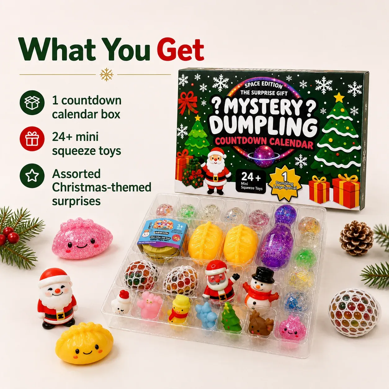 Contents of Mystery Dumpling Christmas countdown calendar with assorted mini squeeze toys