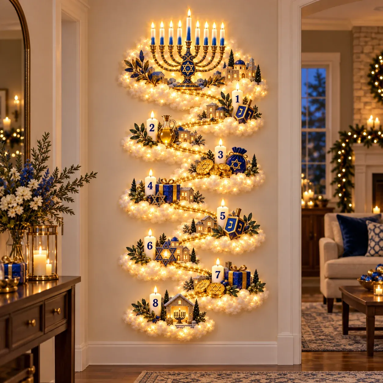 Hanukkah Festival of Lights wall decor with menorah and eight nights