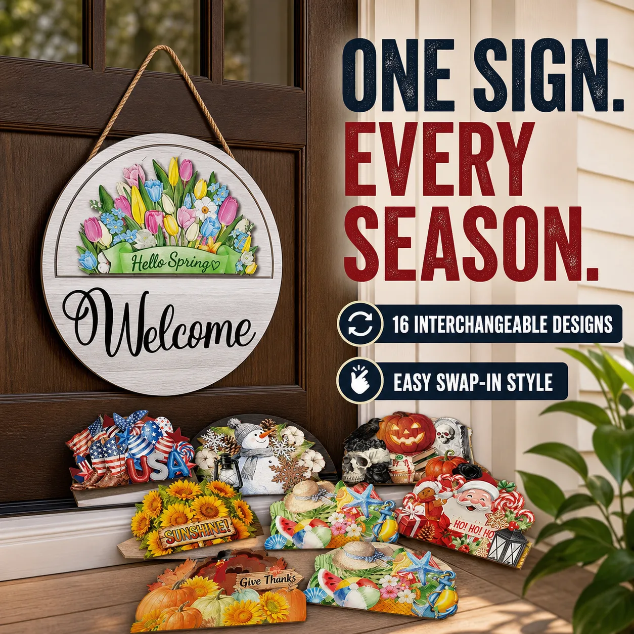 Interchangeable seasonal wooden welcome door sign set