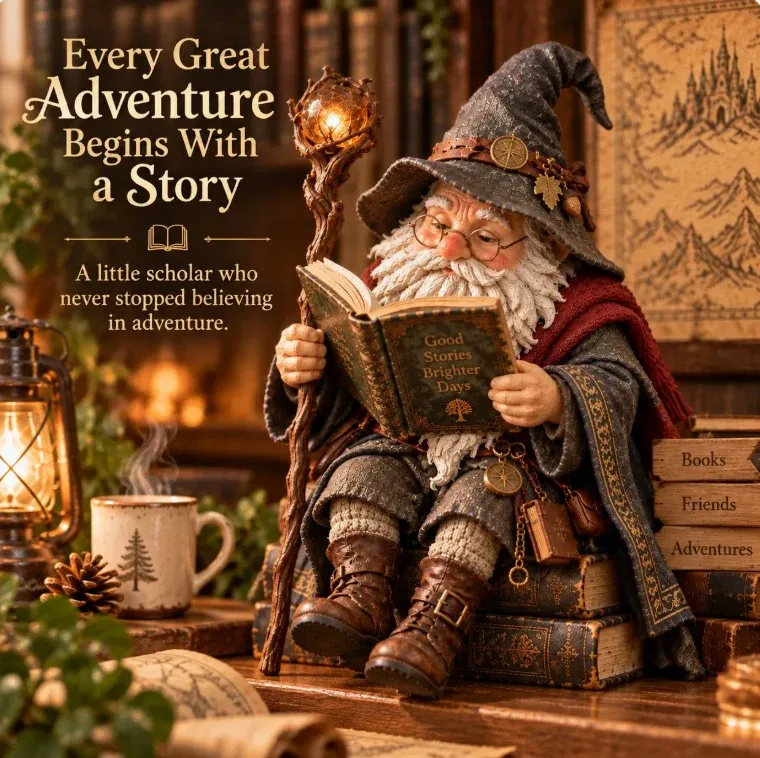 Reading wizard figurine with round glasses, an open book, and a twisted staff
