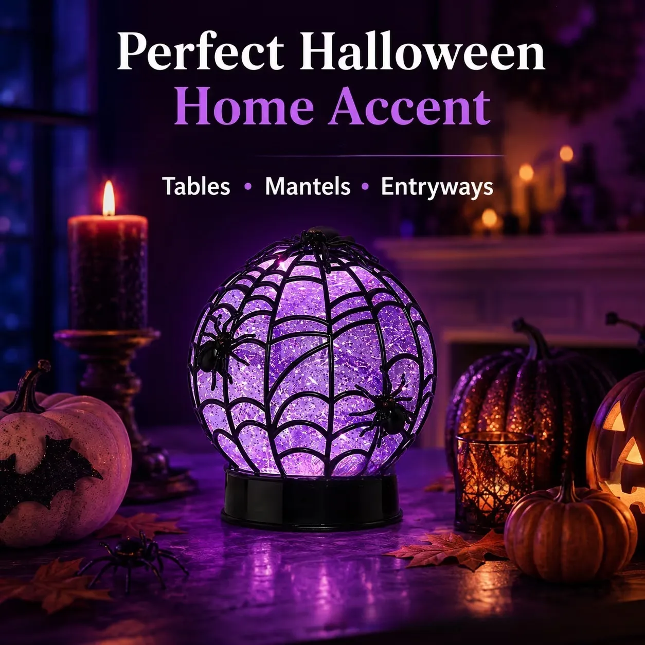 Spider edition globe styled with pumpkins on a Halloween table