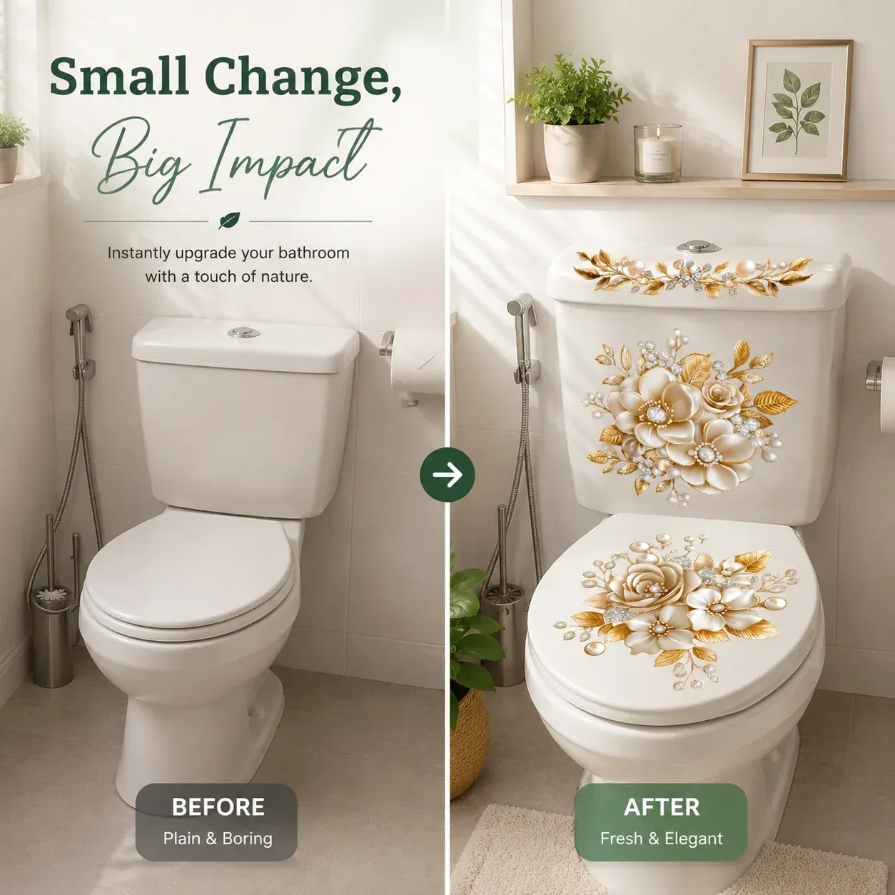 Bathroom before and after decorative floral sticker
