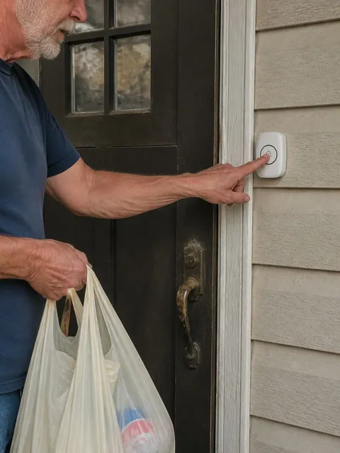 Doorbell button beside a family front door