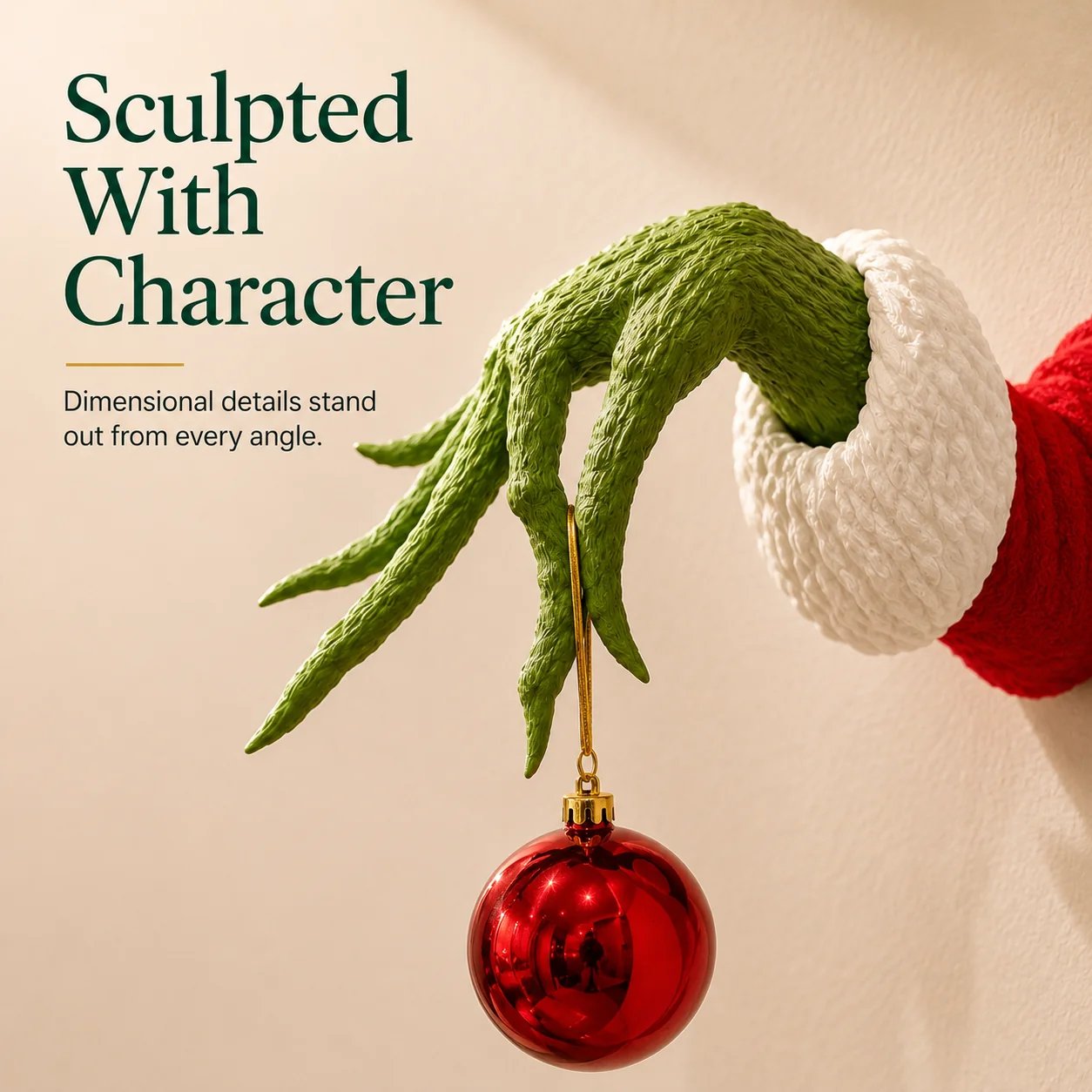Green monster hand wall decoration styled near Christmas tree