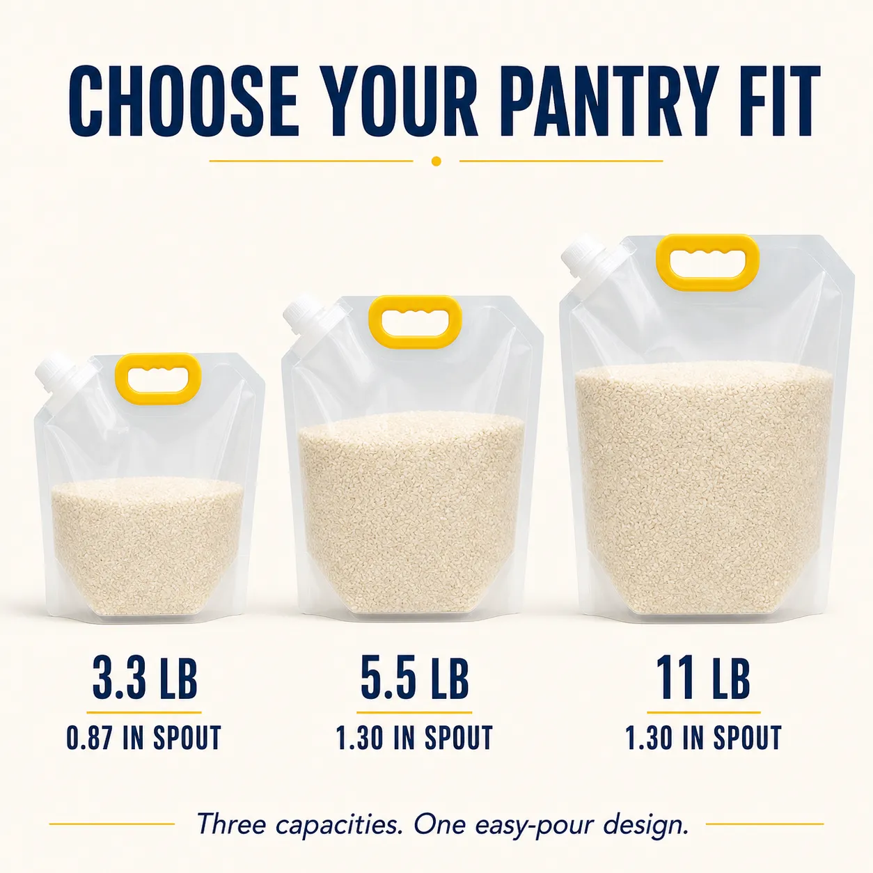 Capacity comparison for 3.3 lb, 5.5 lb and 11 lb pantry storage pouches