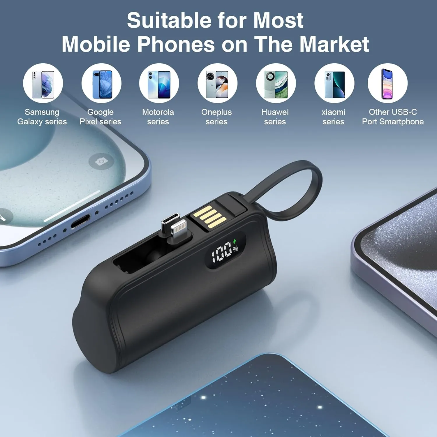 Mini Capsule Power Bank: 5000mAh Pocket-Sized Charger with Built-in Cable