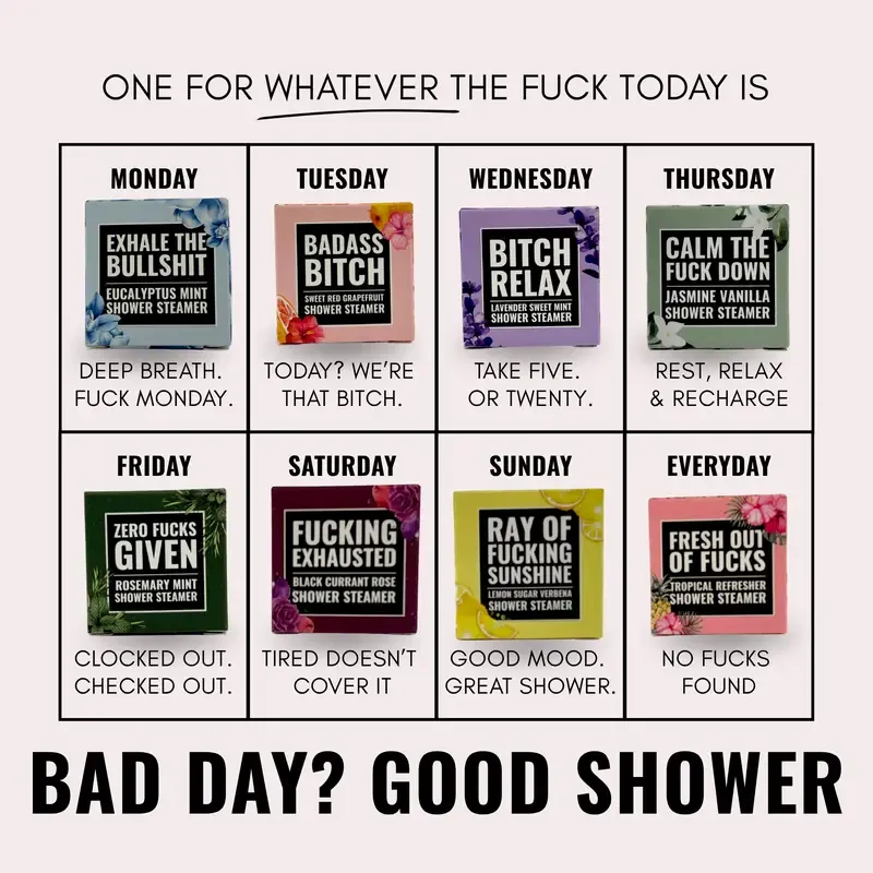 Eight shower steamers organized by day and mood