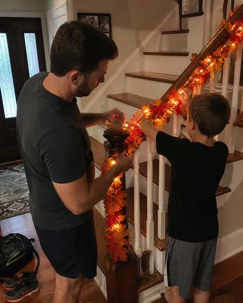 Father and child wrapping a glowing maple leaf garland around a stair rail