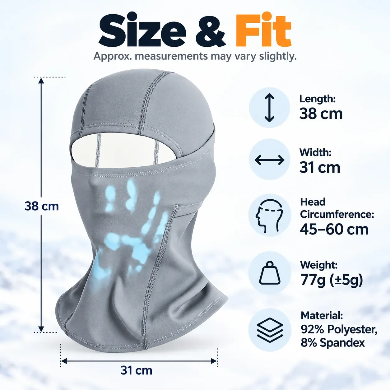Product size chart showing 38 cm length 31 cm width head circumference 45 to 60 cm and fabric composition