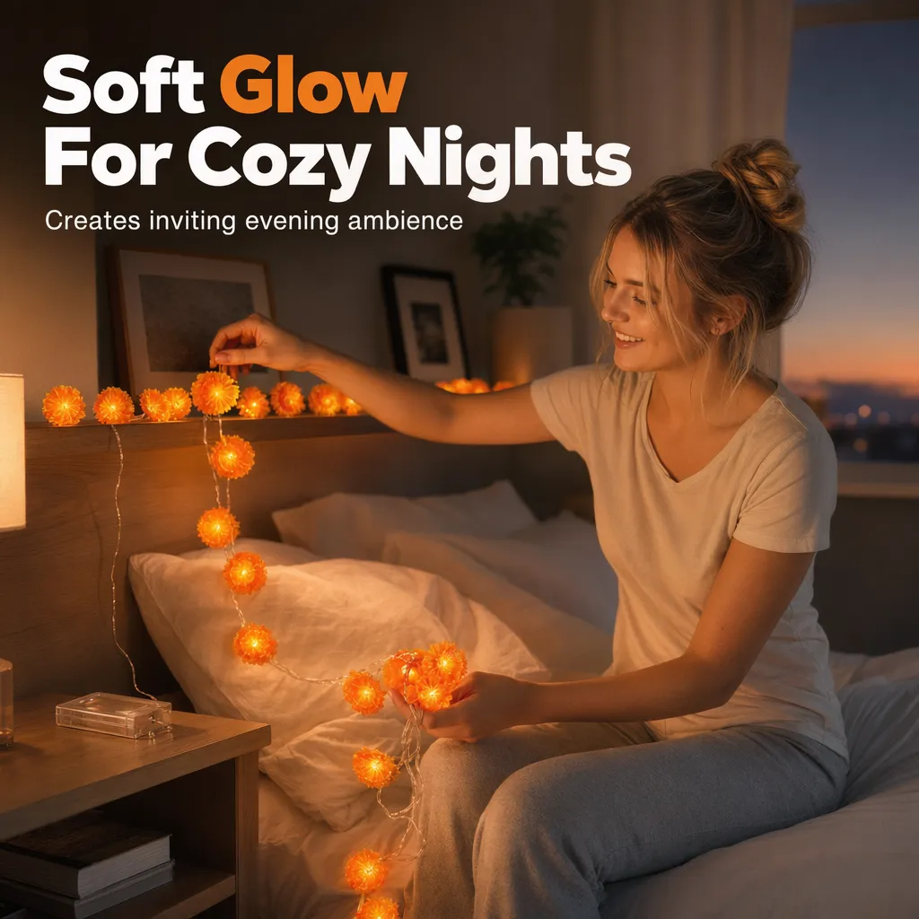 Woman arranging glowing marigold flower lights around a bedroom shelf