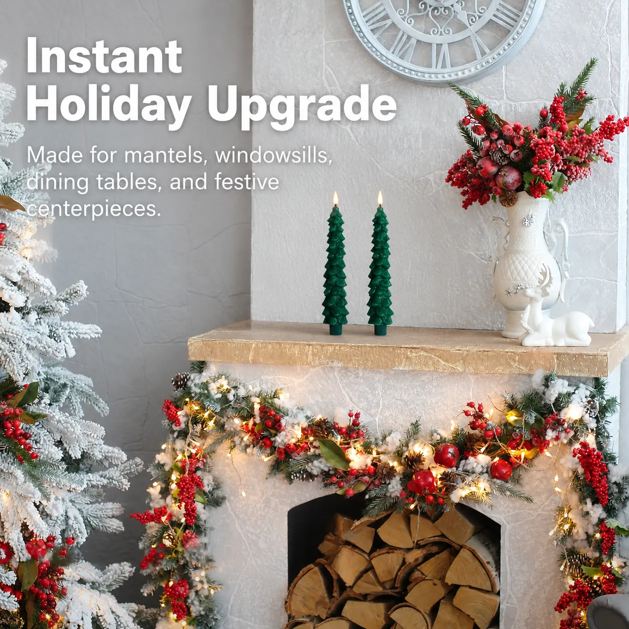 Two flameless Christmas tree candles decorating a holiday mantel
