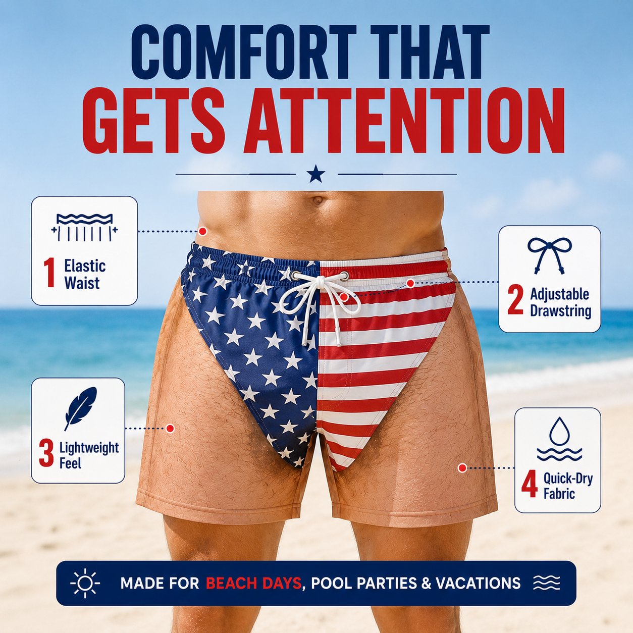 Patriotic swim trunks comfort features