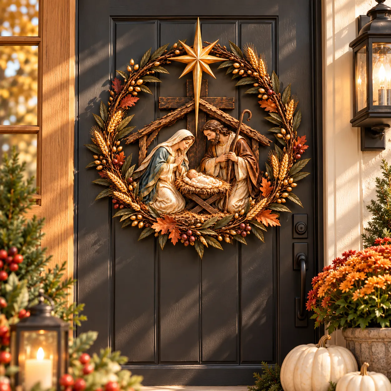 Nativity wreath on dark front door