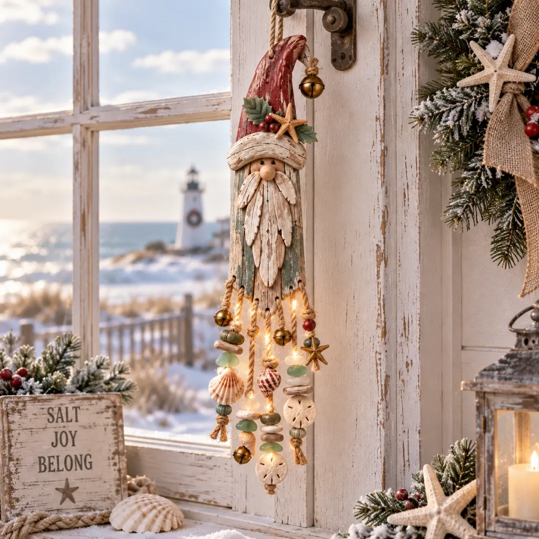Kerstman met schelpen en warme verlichting in maritieme stijl