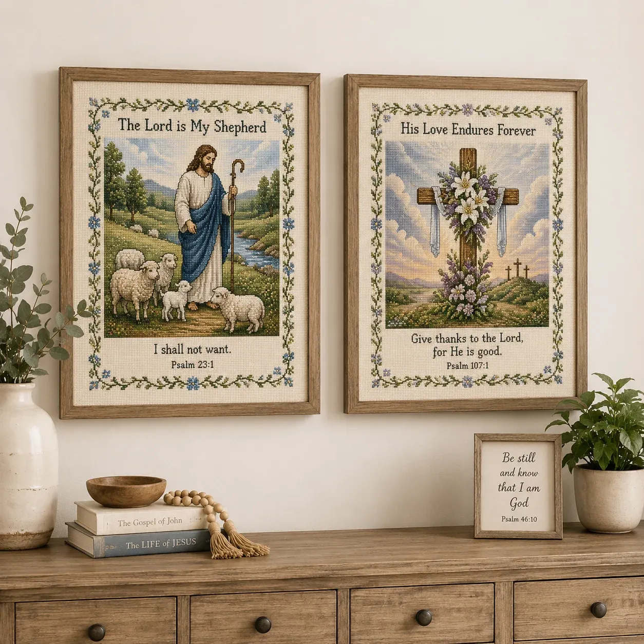 Christian cross stitch displayed as meaningful home decor