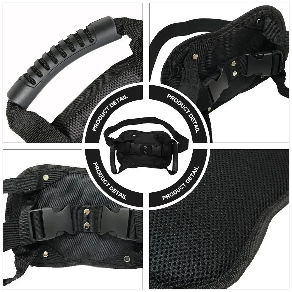 Close views of the passenger grab handle, buckle, mesh padding, and stitching Close views of the passenger grab handle, buckle, mesh padding, and stitching