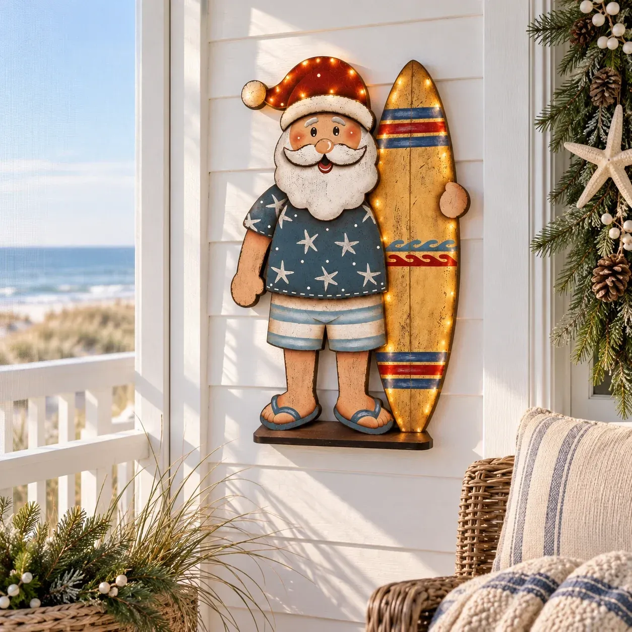 Seaside Santa lighted coastal Christmas decoration in daylight