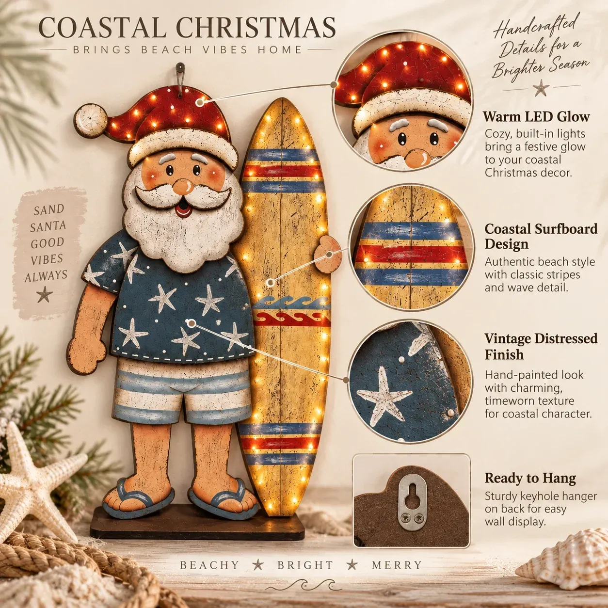 Seaside Santa coastal Christmas decor in a beach house setting