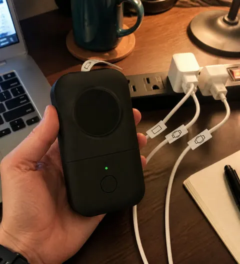 Black label printer beside organized charging cables