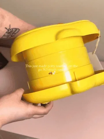 Foldable travel potty opening, fitting a liner, and folding for storage