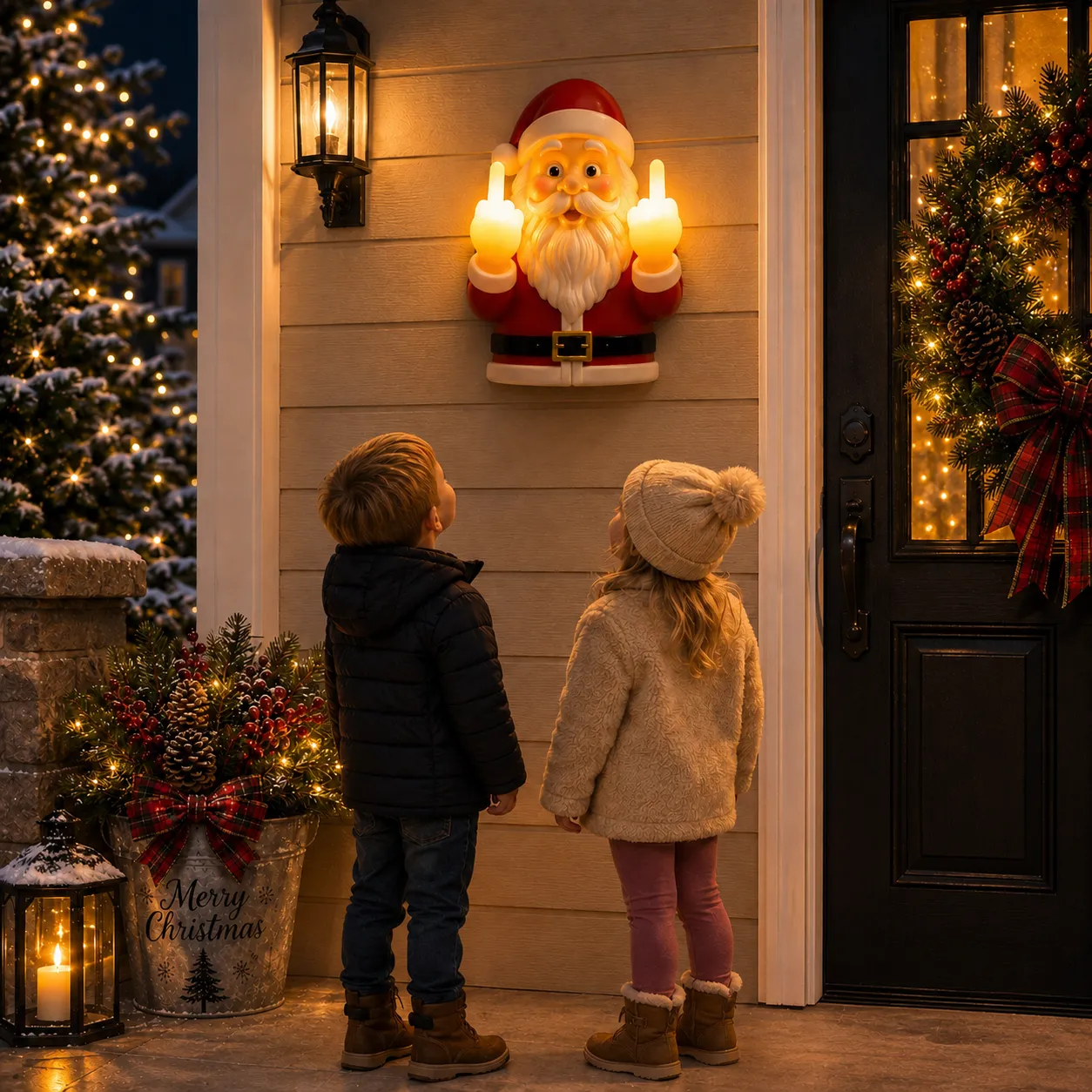 Family reacting to the Santa holiday light display