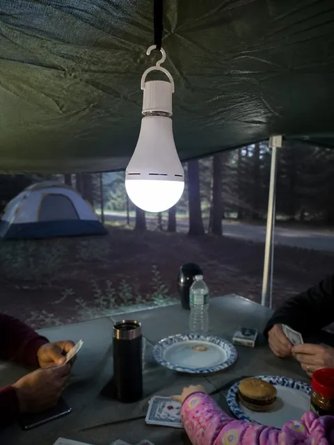 Emergency bulb hanging over a campsite table