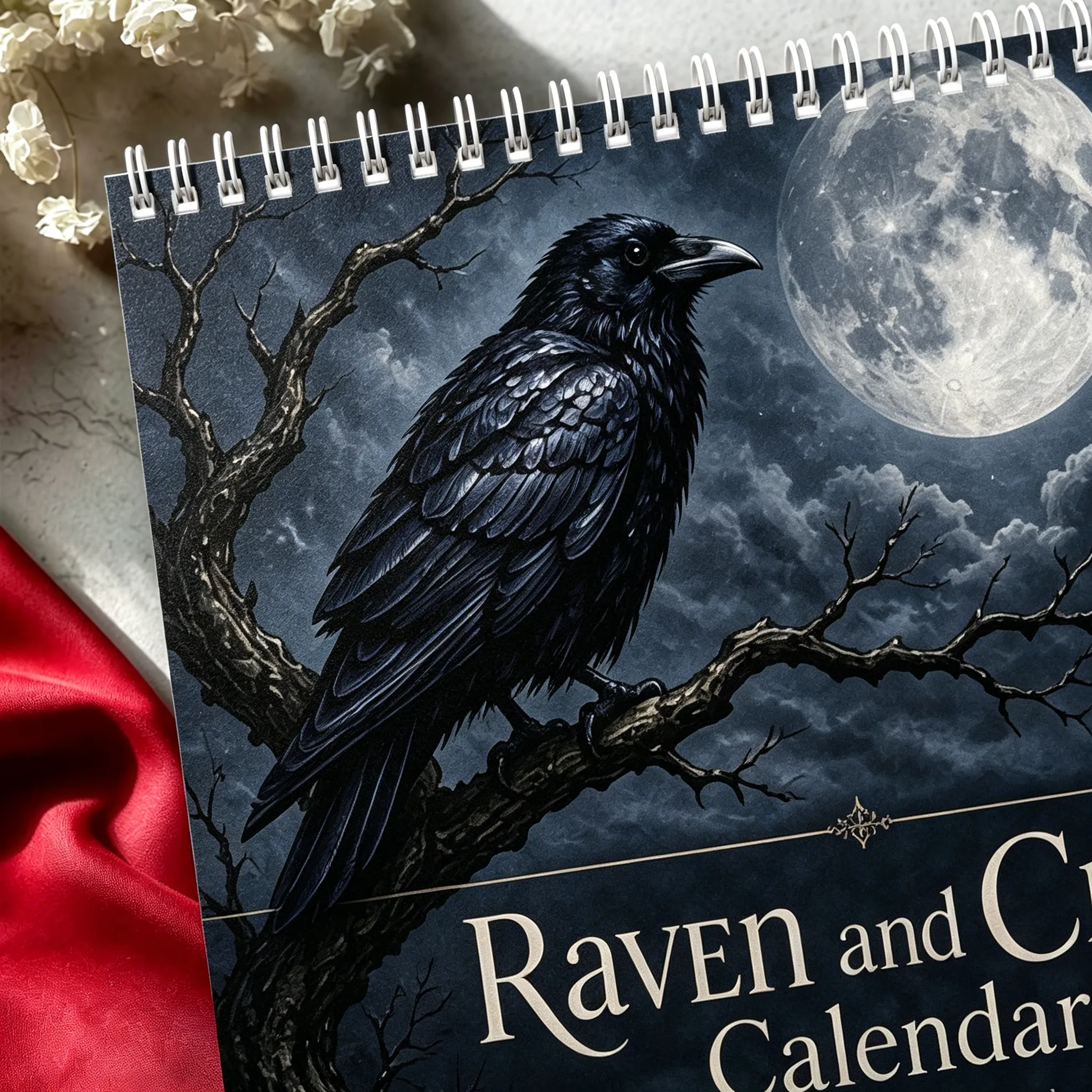 Close view of the raven artwork and spiral binding