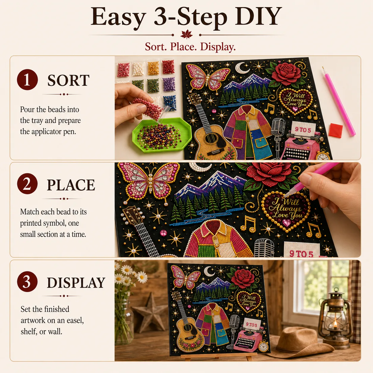 Three steps for completing the DIY bead art: sort, place, and display